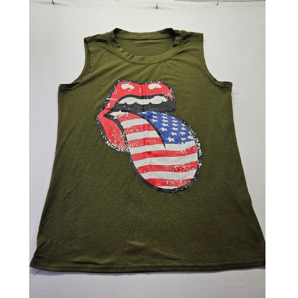 Rolling Stone American Flag Tongue Graphic Tank Top Olive Green Muscle Tee Small - Picture 1 of 3